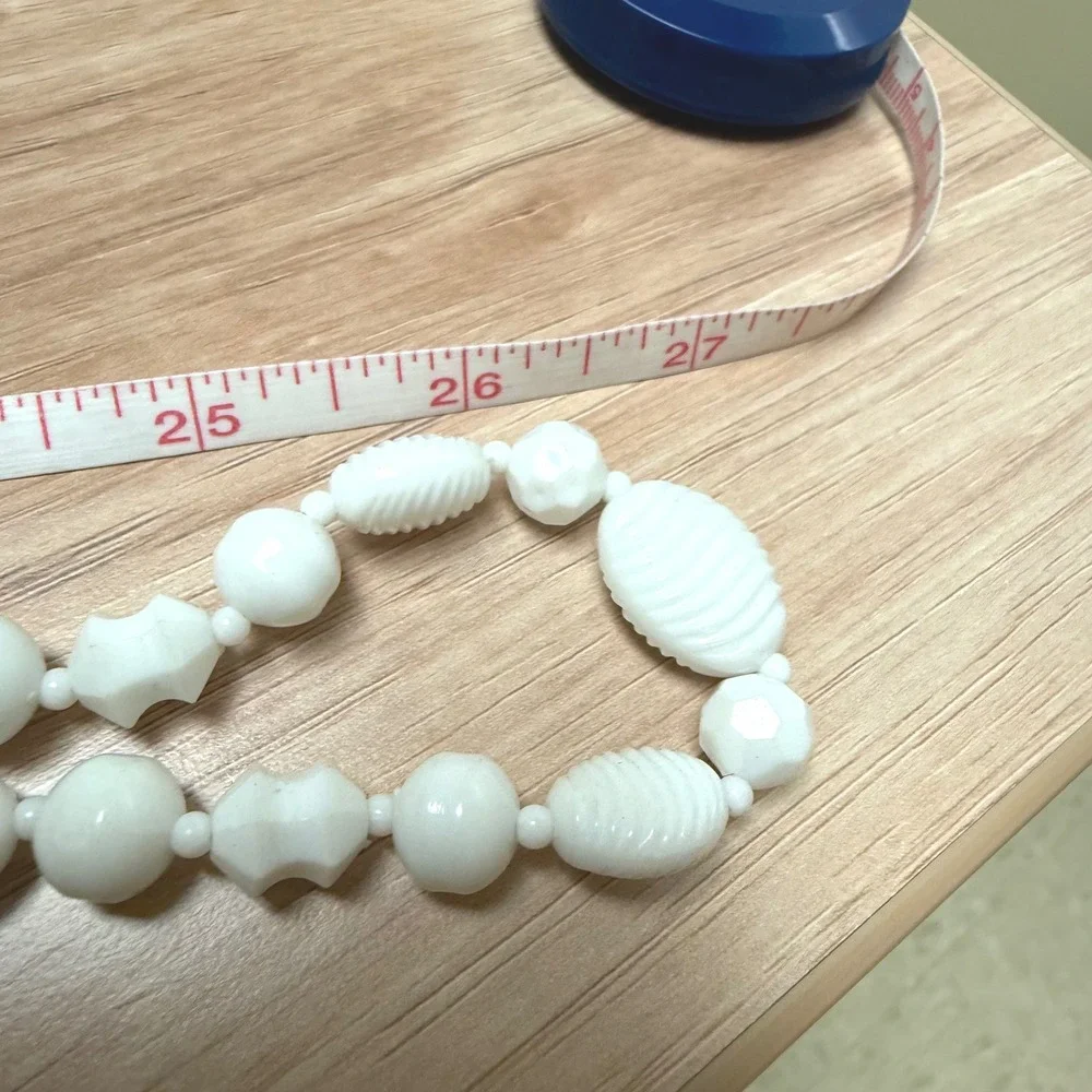 Vintage Milk Glass Bead Necklace White Ribbed Faceted Long Strand 52 Inch